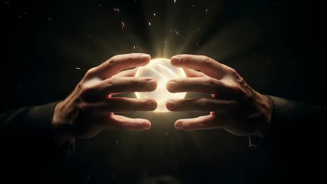 Healing hands with glowing energy ball background slow motion reiki spiritual wellness esotericism copy space magic light aura loop