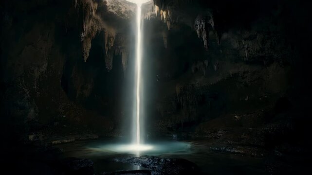 Spiritual waterfall of light in cave background slow motion mystical portal esotericism copy space divine grace mystery light meditation