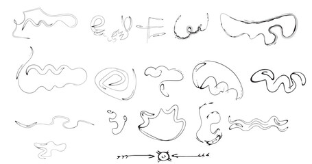 A collection of whimsical freehand sketches depicts abstract line art and shapes including loops swirls and a small simplified drawing of a