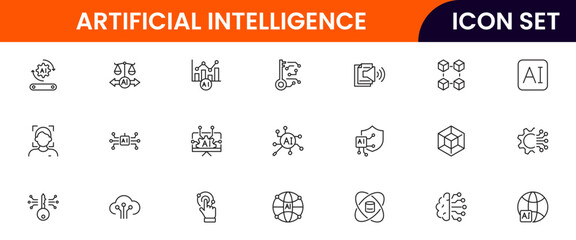Artificial intelligence icons depicting machine learning, neural networks, automation, robots, data analysis, algorithms, technology, smart systems, AI applications, computing, intelligence