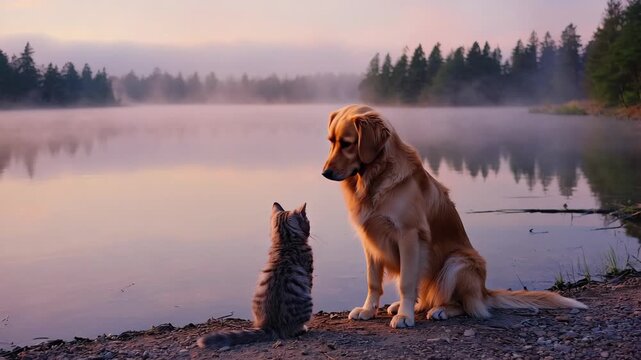 A golden retriever dog and a tabby cat sit together watching a peaceful misty sunrise over a lake. Unlikely friends enjoying a tranquil moment in a beautiful natural landscape