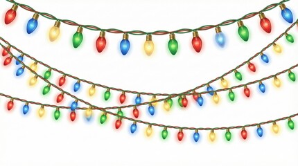 Colorful decorative Christmas string lights hanging in rows, glowing red, green, blue and yellow holiday bulbs on white background,festive illumination for seasonal celebrations