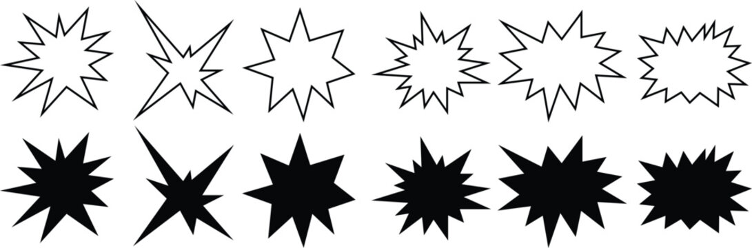 Starburst splash icons set in outline style for comic burst and speech highlights vector Illustration on transparent background.