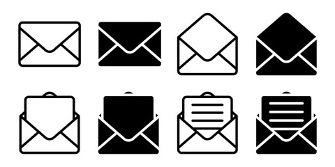 Envelope icon set. A set of simple line art icons depicting envelopes in various stages: closed, open, and containing a message. Ideal for illustrating communication, email, and correspondence.