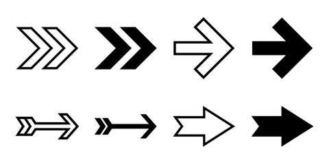 Arrows icon set. A set of eight different simple black and white arrow shapes pointing to the right direction, isolated on white background. Design elements and direction indicators for web.