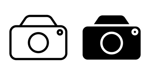 Camera Photo icon set. Minimalist style icon of a camera. The image features both an outline version and a solid black version for versatile use in various design projects.