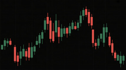 Stock market chart with red and green candlesticks on black background