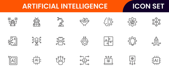 Artificial intelligence icons depicting machine learning, neural networks, automation, robots, data analysis, algorithms, technology, smart systems, AI applications, computing, intelligence