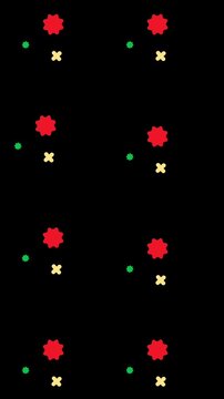 Retro pixel art animation of falling red flowers, 8-bit style floral pattern loop, vintage gaming aesthetic with red blossoms and green leaves