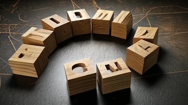 Wooden letter blocks arranged in a circle on a dark surface, showcasing typography and educational concepts.