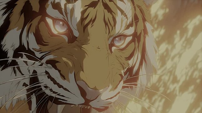 炎の中で赤い目を光らせる威嚇的な虎のクローズアップアニメーション映像