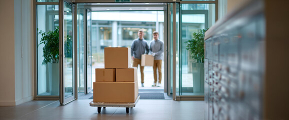 Stack of cardboard boxes on a trolley in the entrance of a modern building with two delivery men in the background