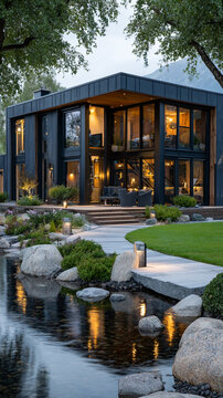 High Angle View of Modern House with Large Windows and Clean Lines Surrounded by Nature and Reflecting Water at Dusk