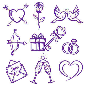 Collection of romantic icons including hearts roses doves wedding rings and champagne flutes for Valentines Day or anniversaries