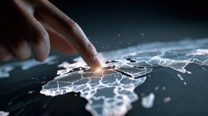 Finger touching digital world map network connection control influence concept, global business technology, futuristic data, innovation vision