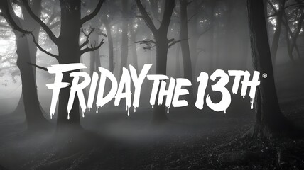 Friday the 13th spooky background with haunted forest, foggy darkness, chilling typography, and horror mood for scary celebration designs