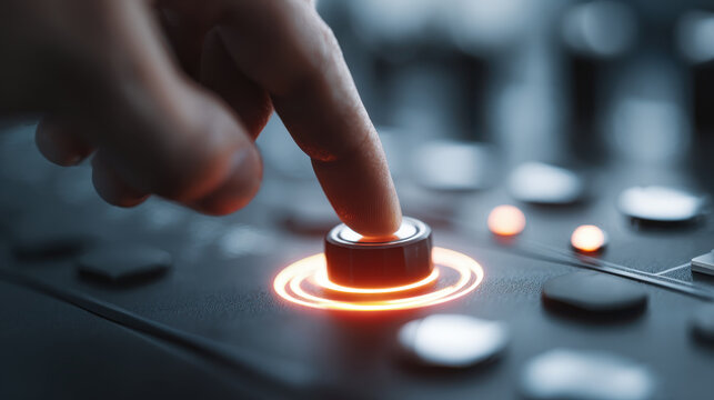 Hand turning knob glowing control panel power button close up, futuristic soft light, cinematic moody atmosphere