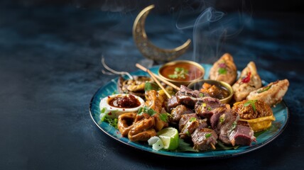 Ramadan celebrations, a variety of meat dishes on the plate. Near the crescent moon in white smoke. A photo with a place to copy the text.