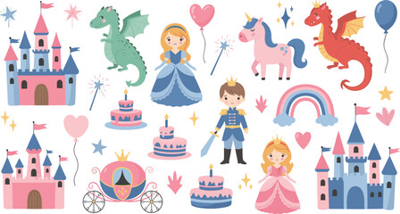 Fairy tale icon set, cartoon castles dragons unicorn prince princess and magic items, flat vector illustration, fantasy theme © MDSHISHIRHASAN