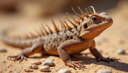 Fototapeta premium Thorny devil rests on sand. Lizard camouflages well in arid desert terrain. Reptile with spikes, scales shows adaptation, survival. Creature poses on sandy ground in nature. Macro shot displays