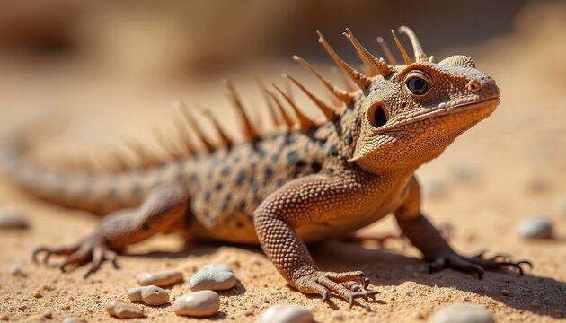 Thorny devil rests on sand. Lizard camouflages well in arid desert terrain. Reptile with spikes, scales shows adaptation, survival. Creature poses on sandy ground in nature. Macro shot displays