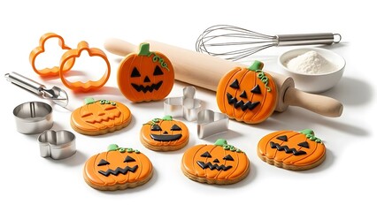 Halloween baking tools and cookies decorating set up