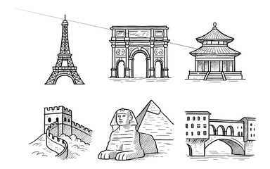 Fototapeta premium Collection of famous world landmarks in a simple sketch style