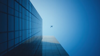 Fototapeta na wymiar Modern Skyscraper Architecture Meets Aviation: A Worm's Eye View of a High-Rise Building and a Plane in the Sky