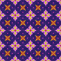 Bright Seamless Geometric Floral Diamond Pattern: Stylized Four-Petal Flower Motifs in Yellow and Pink on a Deep Textured Purple and Navy Blue Background.