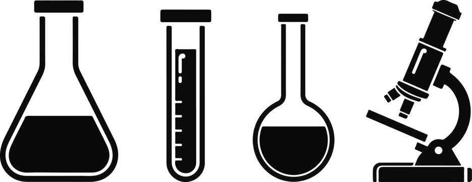 Black Icons of Scientific Laboratory Glassware Erlenmeyer Flask Test Tube Round Flask and Microscope