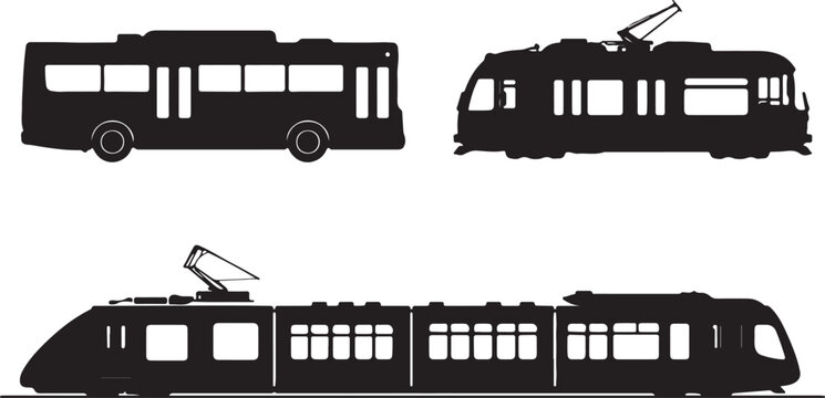 Black silhouette icons of a bus and two different types of trains on a white background tram trolleybus