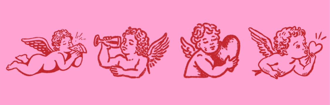 Hand drawn romantic cupid cherub doodles with food and drink for valentine designs and playful love themed illustrations