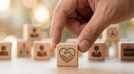 Hand of Support: A close-up view of a hand carefully placing a block bearing a handshake icon, highlighting partnership and collaboration amidst a collection of symbolic blocks.