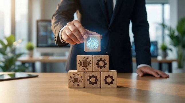 Strategic Vision: A business professional carefully places a digital block on a stack of blocks, symbolizing the implementation of advanced technology solutions.