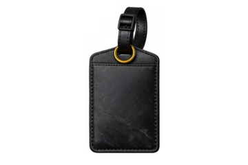 Black leather luggage tag with blank identity card holder on transparent background, symbolizing travel and identification