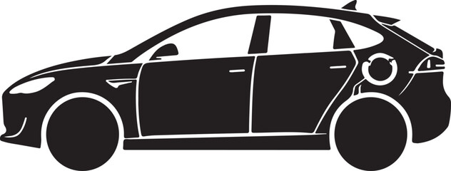 Black Silhouette of an Electric Car with Charging Port Symbol on White Background Keywords: electric car, vehicle, sedan, automobile, silhouette, black, white, isolated, transportation, travel