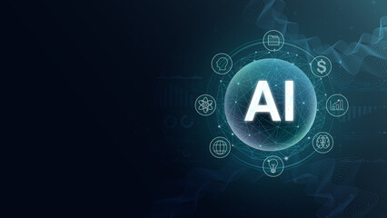 A futuristic representation of artificial intelligence with a glowing orb displaying the abbreviation 'AI' surrounded by various tech symbols.