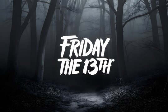 Scary Friday the 13th typography design featuring eerie forest, misty trees, dark mood, and horror concept for thriller themed visuals