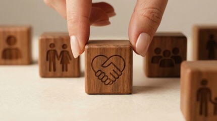 Hand Symbol of unity: A person selects a wooden block which is the emblem of unity, with hand-drawn images, with background