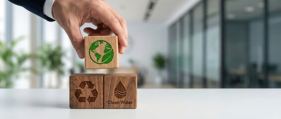 Protecting Earth's Resources: A hand carefully places a block depicting a global view atop two other blocks symbolizing recycling and clean water, illustrating commitment to environmental stewardship.
