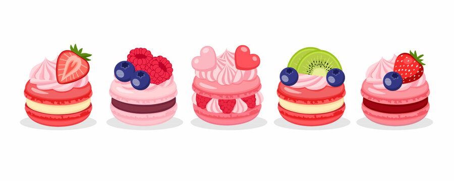 Set of Fancy French Macarons with Whipped Cream, Berries, and Heart Decorations - Gourmet Macaron Collection with Strawberry, Raspberry, Kiwi, and Blueberry Toppings.