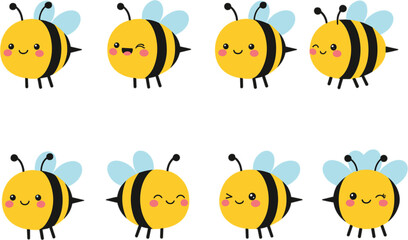 Fototapeta premium Cute kawaii bumblebee character vector set with various facial expressions flying and winking for spring and summer designs.