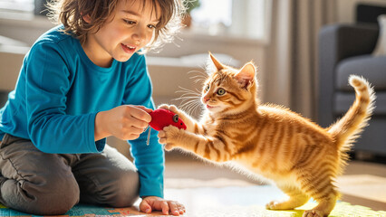 A happy young boy playing with a cute ginger kitten at home. Child and pet interaction with a red toy mouse on the floor. Childhood friendship and domestic animal companionship