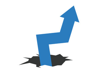 Large Blue Business Arrow Struggling Upward in Zigzag. Rising Up from a Hole Representing Hard Recovery and Resilient Growth