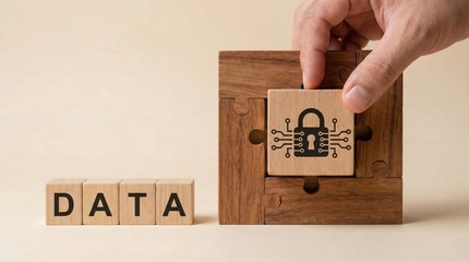 Data Security: A visual metaphor showcasing data protection. A hand places a lock symbol block within a puzzle, representing the crucial importance of securing data.
