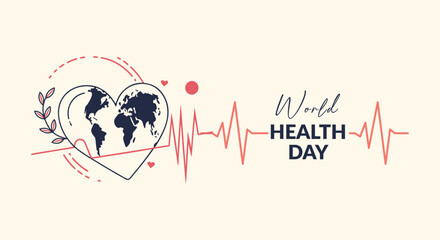 World health day banner celebrating global well-being with a heart map and vital heartbeat
