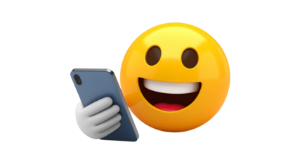 Yellow smiley face emoji with a big grin next to a hand holding a blue mobile phone device alpha channel with white background