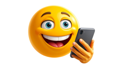 Yellow emoji face smiles while holding a gray smartphone to its ear as if talking on the phone isolated on white
