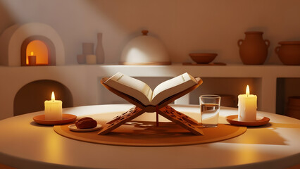 A tranquil scene of a Holy Book on a wooden stand, illuminated by the warm glow of candles. Enhancing the peaceful atmosphere