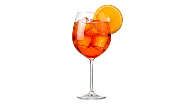 Aperol Spritz cocktail with ice cubes and a fresh orange slice, isolated on white or transparent background, perfect for summer drinks, bar menus, and lifestyle visuals. PNG format.